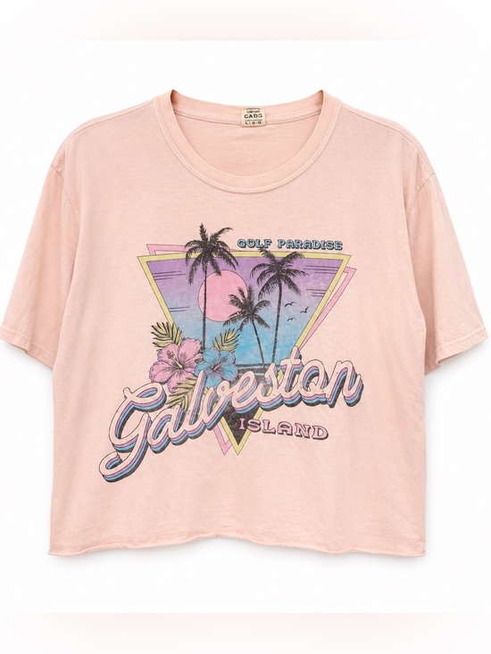 Tops - Galveston Island Graphic Cropped Tee Large - Pink Gulf Paradise Beach Shirt